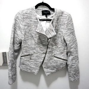 Banana Republic Tweed Knit Crop Moto Jacket Zip White Black Womens 6P Petite